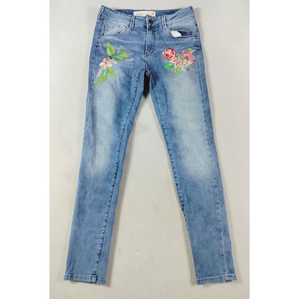 Kosiuko Jeans Womens 28 Blue Light Wash‎ Mid Rise Skinny Floral Embroidered